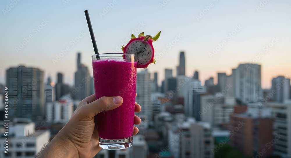 Naklejka premium Dragon fruit smoothie with city view.