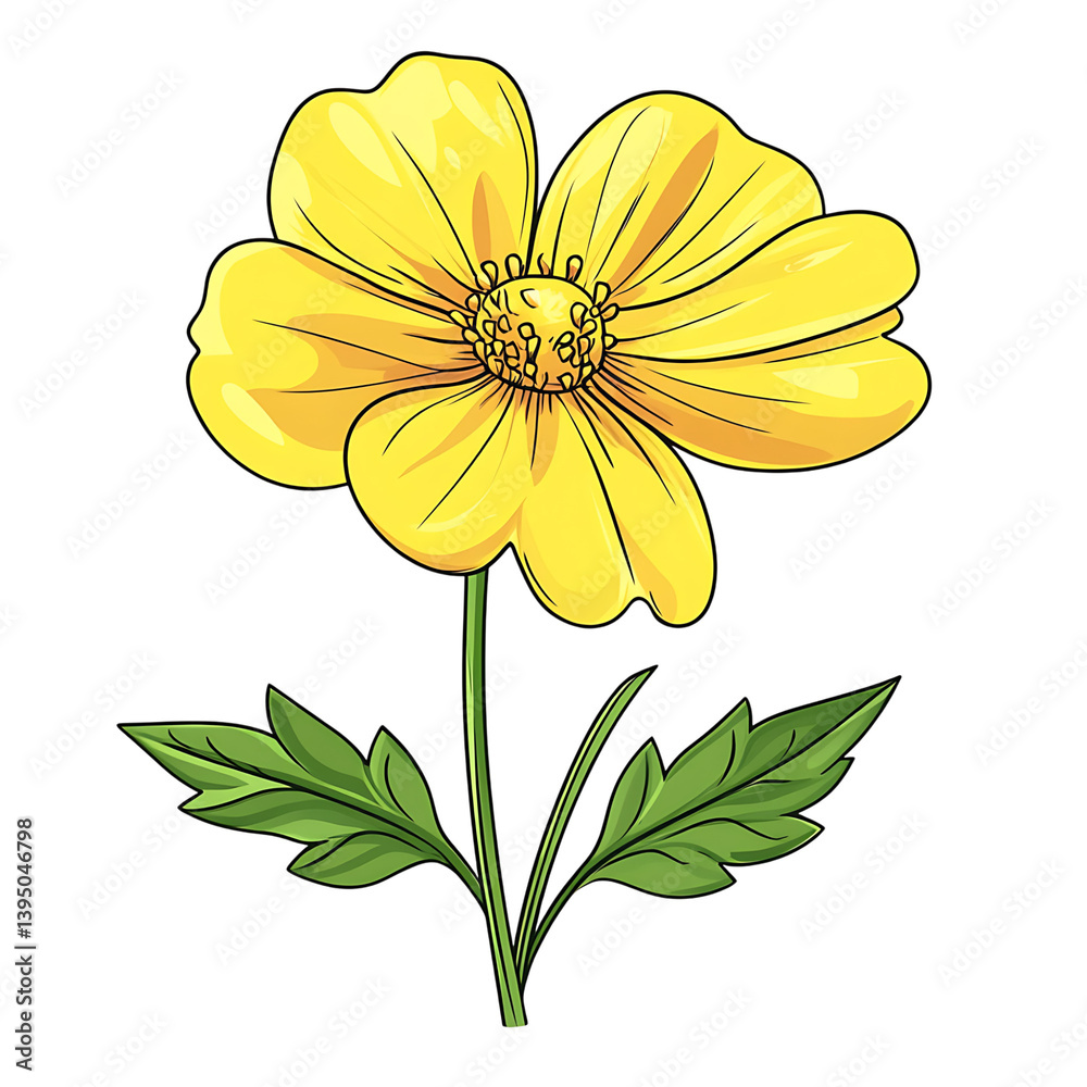A single stylized yellow cartoon flower with five large petals and a curved green stem with leaves shown against a transparent background in a playful illustration style