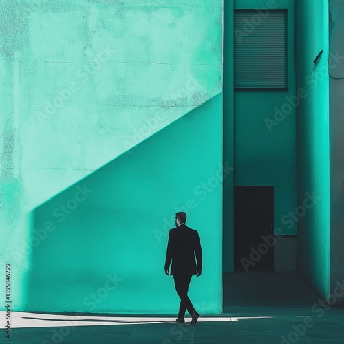 A silhouette of a man walking against a striking turquoise backdrop, embodying modern minimalism.