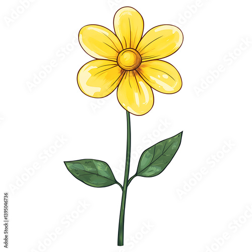 A single stylized yellow cartoon flower with five large petals and a curved green stem with leaves shown against a transparent background in a playful illustration style