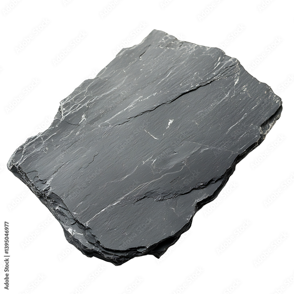 A roughly rectangular piece of dark black slate rock with uneven natural texture and sharp layers illustrated against a transparent background with light surface details