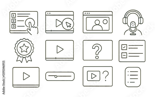 Linear video tutorial icons set: interactive learning and streaming symbols