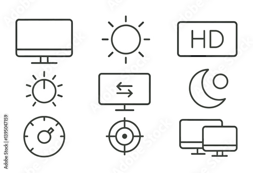 Essential display and multimedia icon set: flat linear design for web and apps