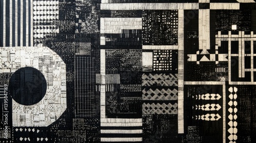 Abstract black and white geometric shapes with textured patterns create a complex design.