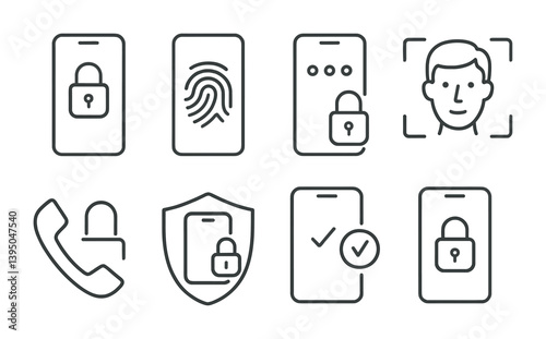 Linear security icons set: password, fingerprint, face id, phone lock, shield, verification