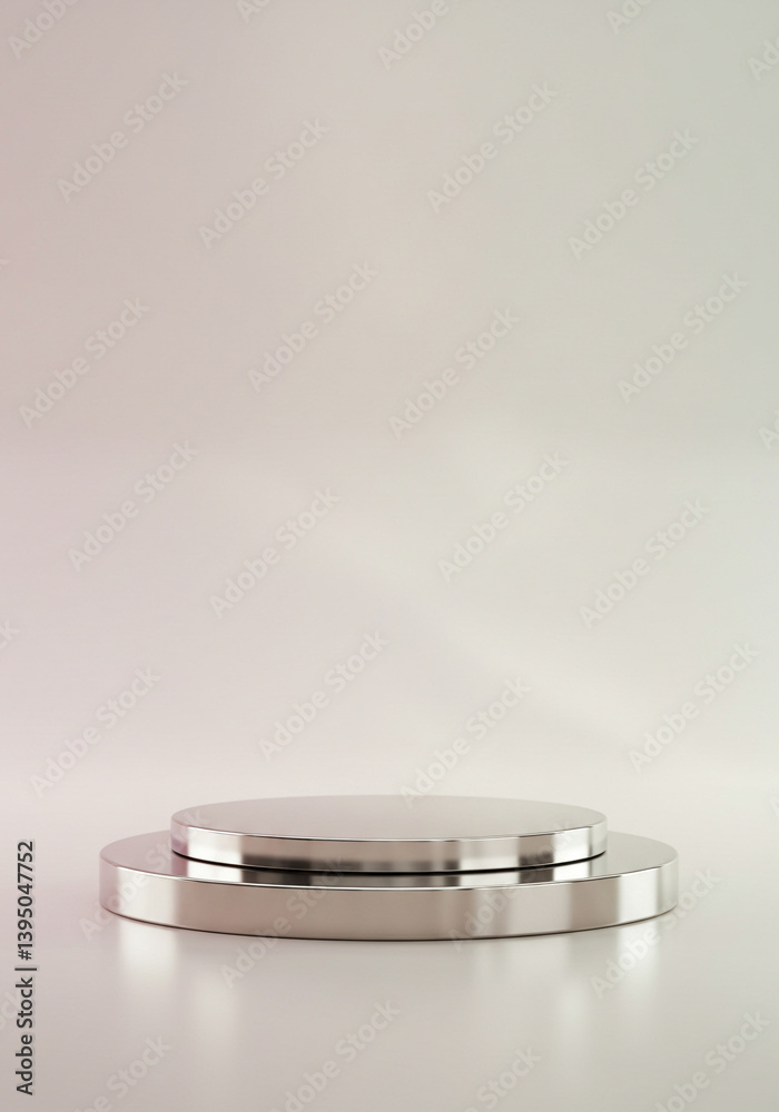 Round silver tiered podium display stand on white surface against plain light grey background with soft light. Empty minimal clean stage showcase design. Round silver tiered podium display stand on white surface against plain light grey background with soft light. Empty minimal clean stage showcase design.
