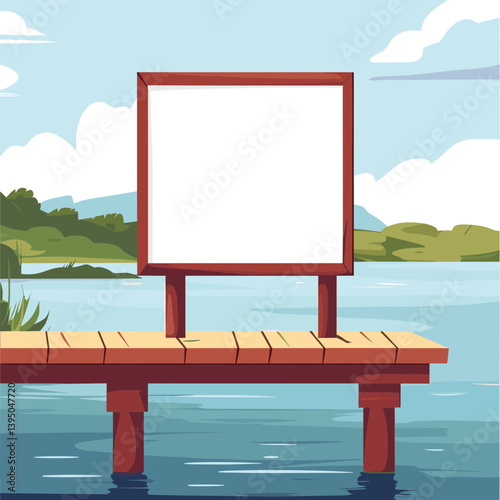Blank Sign on Wooden Dock by a Calm Lake