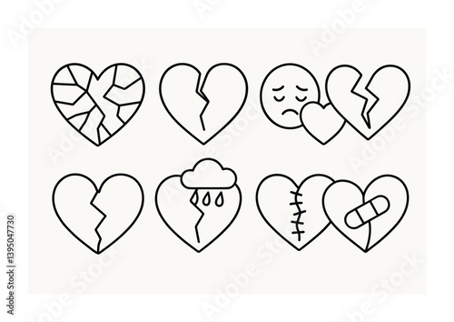 Heartbreak icon set: broken, sad, healing, stitched, and more in linear style