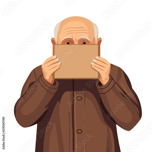 Elderly Man Hiding Face Behind Brown Cardboard