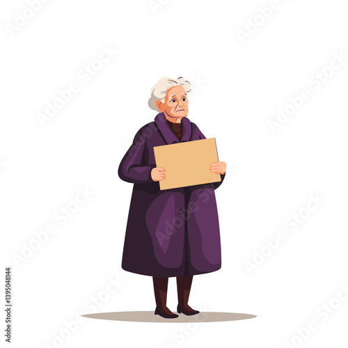 Elderly Woman in Purple Coat Holding a Blank Sign