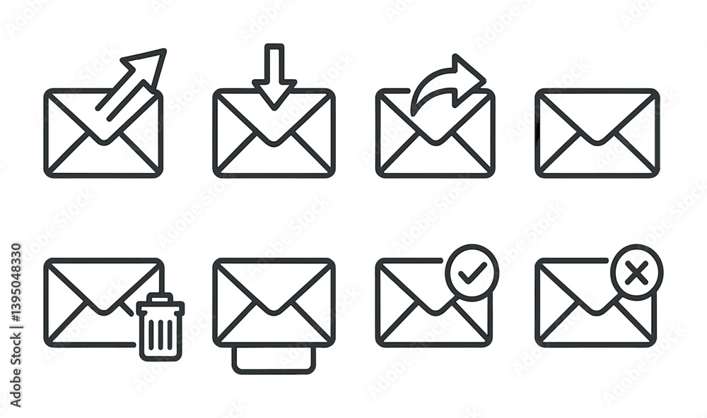 Email icons set: linear style with various envelope actions Email icons set: linear style with various envelope actions