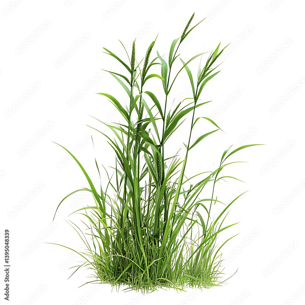 A thick bunch of tall green grass blades growing upward with some flowering tops illustrated on a transparent background representing natural wild vegetation
