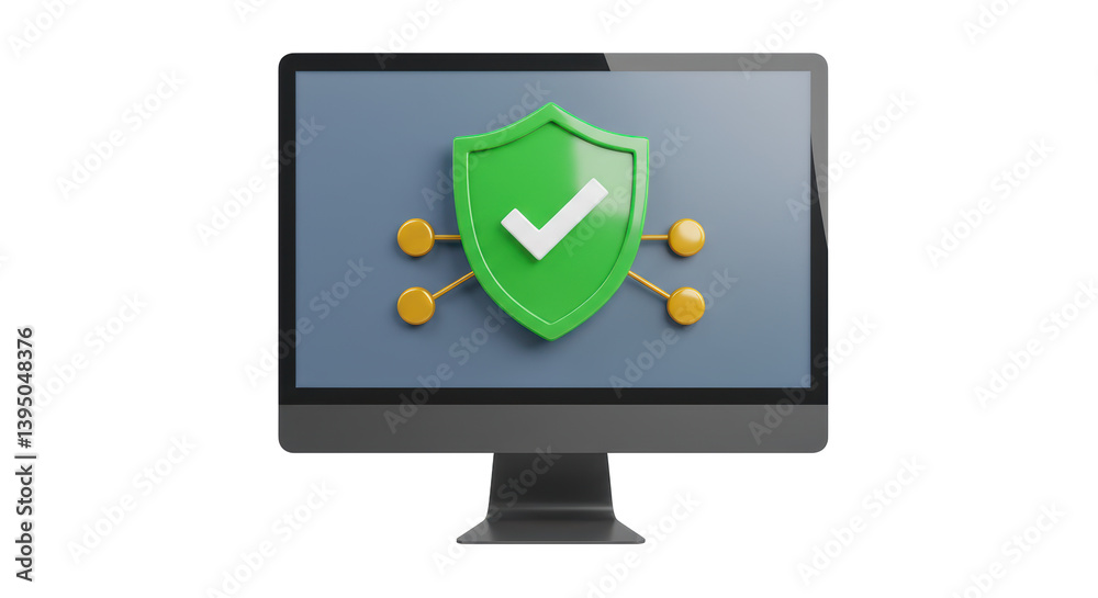 Isolated Computer Monitor with Security Shield and Checkmark Isolated Computer Monitor with Security Shield and Checkmark
