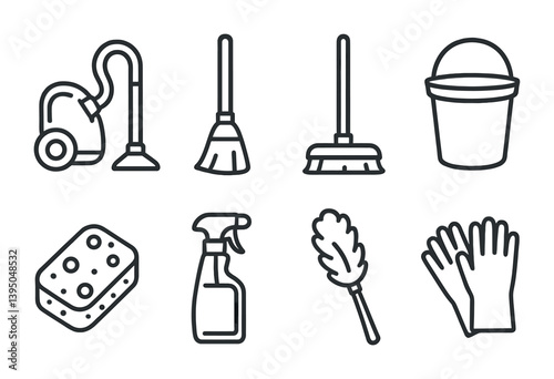 Essential cleaning tools icons set in linear style