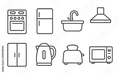 Linear kitchen appliance icons set: essential cooking and cleaning tools