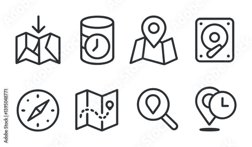 Navigation and location icons set: map, compass, gps, and more in linear style