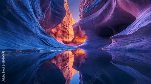 A glowing canyon with reflective walls and softly illuminated crevices 