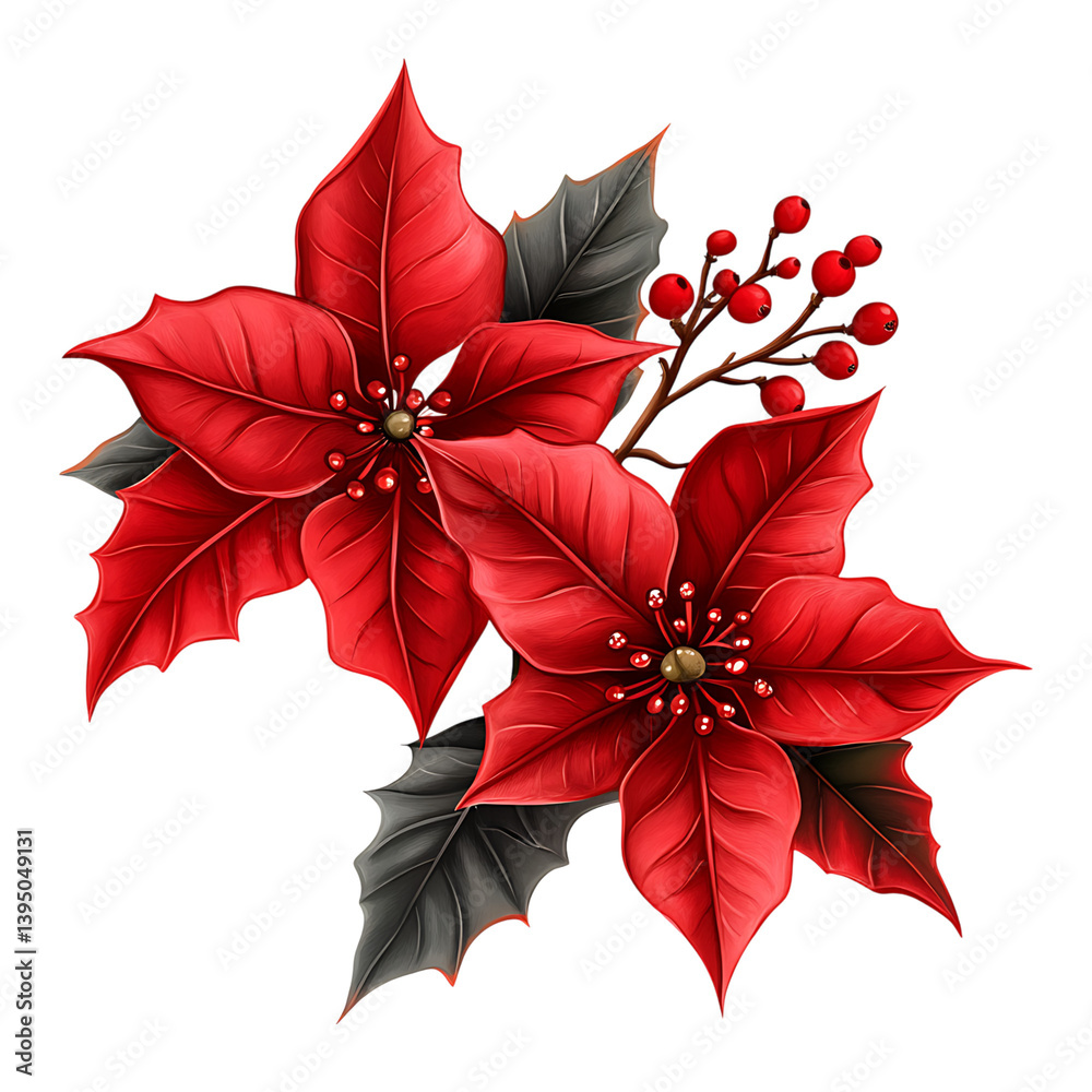 A vibrant arrangement of red poinsettia flowers with textured petals and glossy green holly leaves accented by clusters of bright red berries on a transparent background