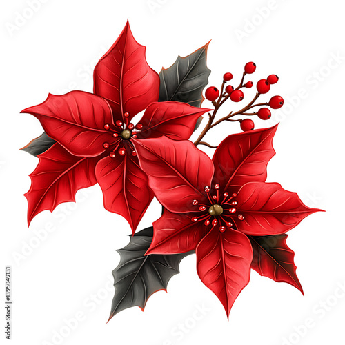 Obraz na płótnie A vibrant arrangement of red poinsettia flowers with textured petals and glossy green holly leaves accented by clusters of bright red berries on a transparent background w salonie