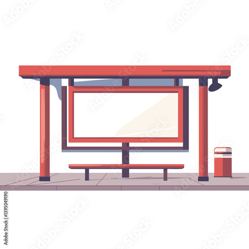 Red Bus Stop with Blank Advertisement and Bench