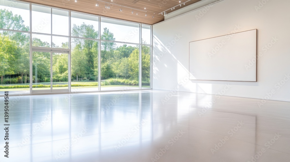 Fototapeta premium Modern art gallery, spacious, bright, serene. Tranquil, minimalist exhibition hall with expansive windows showcasing lush landscape. Clean lines, neutral color palette