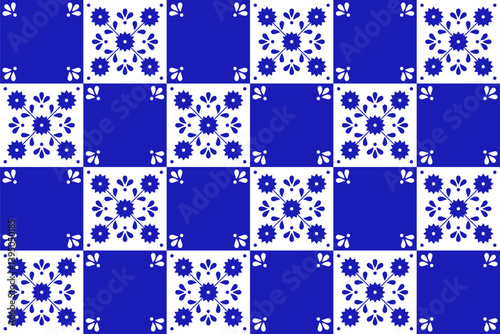 Mexican seamless pattern with flower inspired by blue talavera ceramic tile. Vector illustration. Mosaic design art.