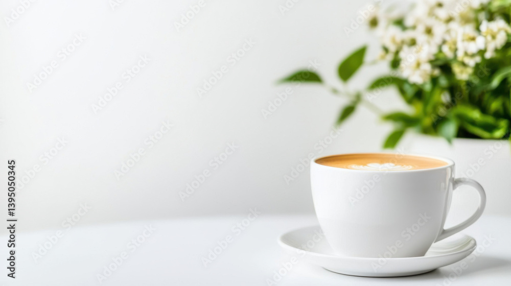 steaming cup of coffee sits elegantly on white table, surrounded by greenery, creating serene atmosphere steaming cup of coffee sits elegantly on white table, surrounded by greenery, creating serene atmosphere