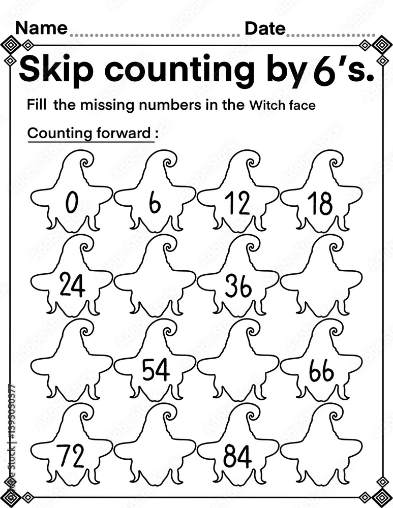 Obraz premium Skip counting by 6 with witch’s head, math activity for kids, preschool, kindergarten and homeschool , fit for 8.5”x11” size