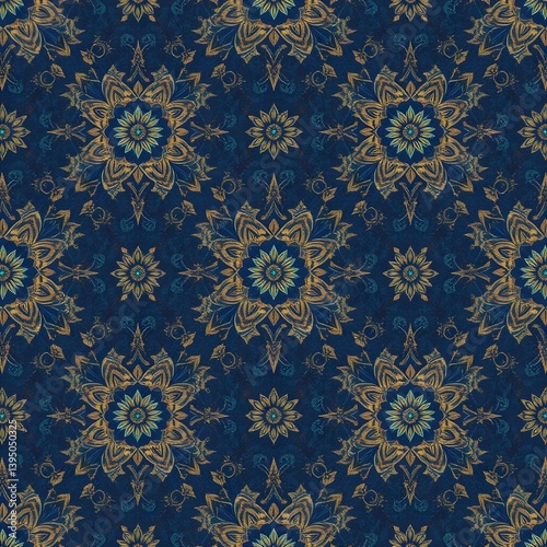 Seamless islamic pattern with golden and emerald green floral motifs on a rich navy blue silk texture background, high detail, no living beings