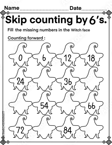 Skip counting by 6 with witch’s head, math activity for kids, preschool, kindergarten and homeschool , fit for 8.5”x11” size