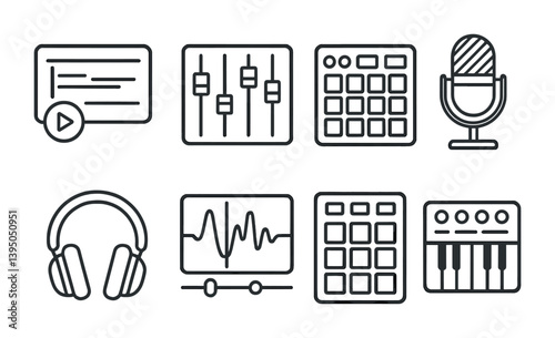 Linear music production icon set: tools and equipment for digital audio creation
