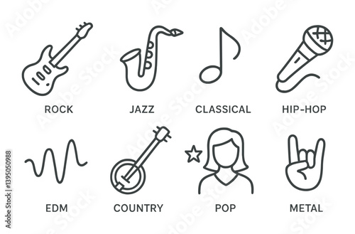 Music genre icons set: linear style with 8 diverse music representation icons