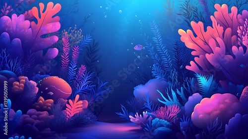 A glowing coral reef with shimmering tones and softly lit underwater plants 