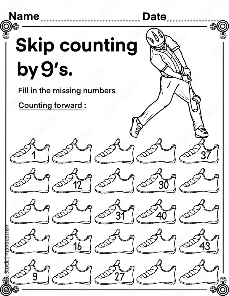 Obraz premium Skip counting by 9 with baseball batter, math activity for kids, preschool, kindergarten and homeschool , fit for 8.5”x11” size