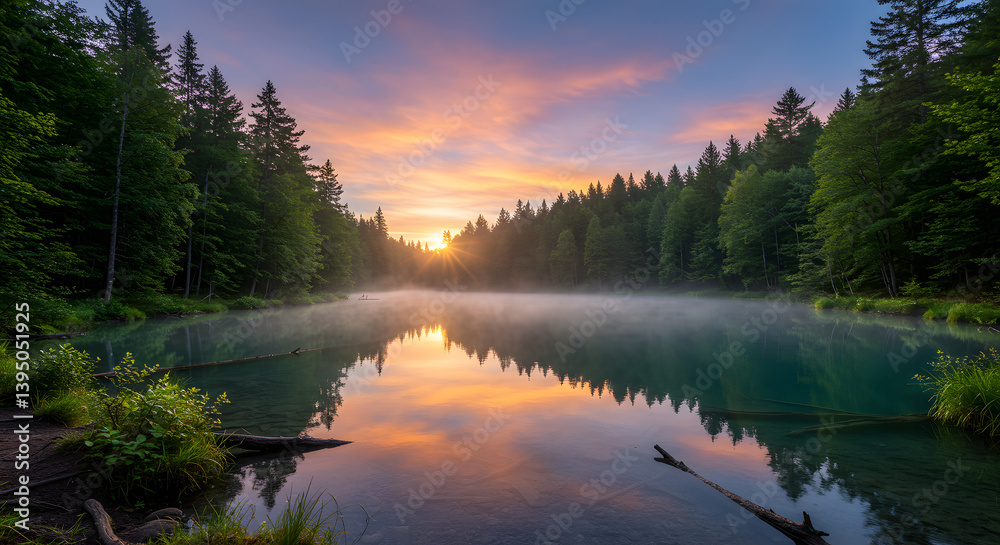 Sunrise Over Misty Lake Surrounded by Forest Landscape Sunrise Over Misty Lake Surrounded by Forest Landscape