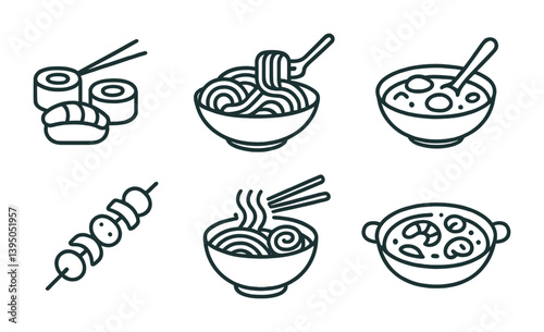 Asian cuisine icons set: line art illustrations of sushi, ramen, and more