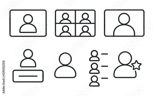 Video conference and user profile icons set - linear style for digital communication
