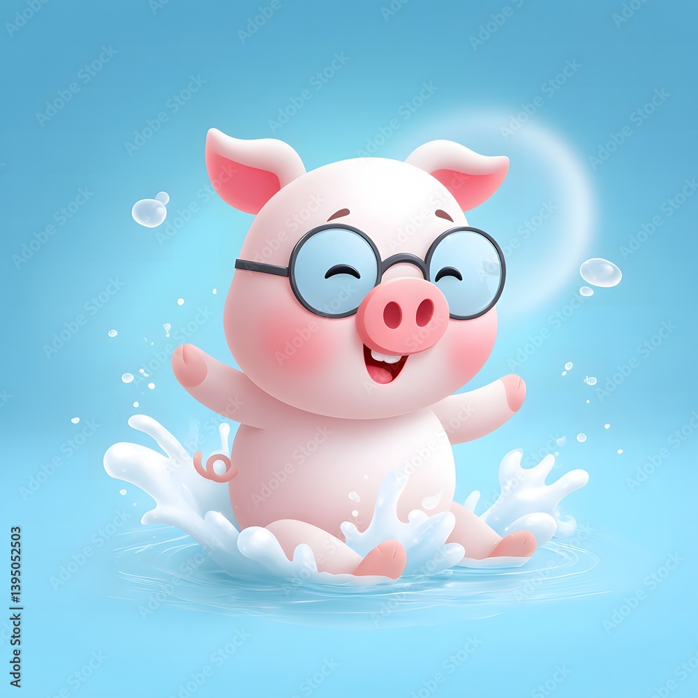 Fototapeta premium A cheerful cartoon pig wea glasses joyfully splashes in cool water creating delightful bubbly splashes in a fun summer scene.