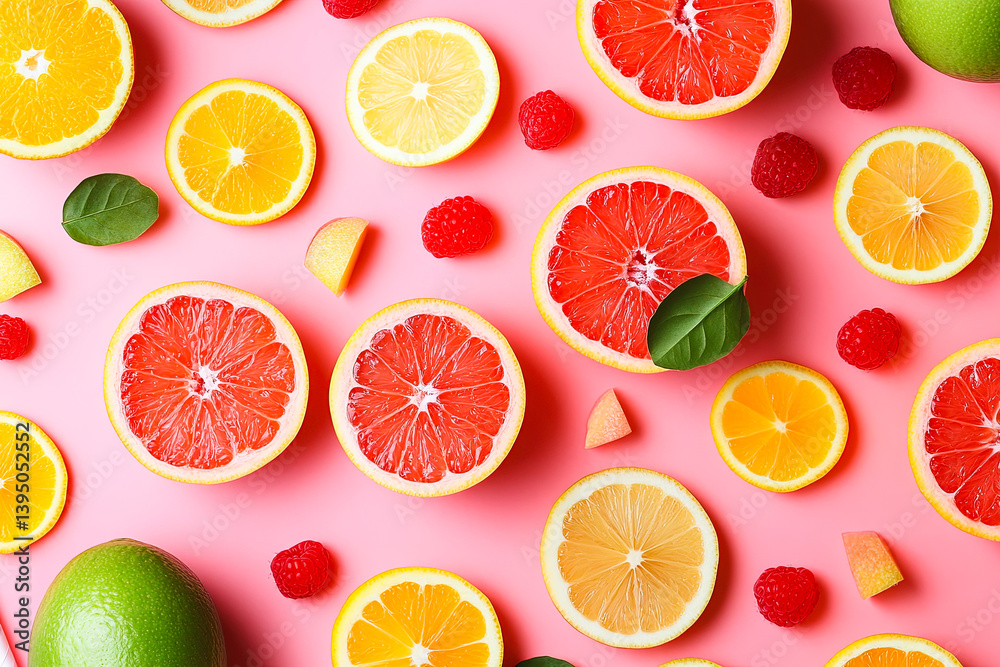 Obraz premium Fresh Citrus and Raspberries on Pink Background