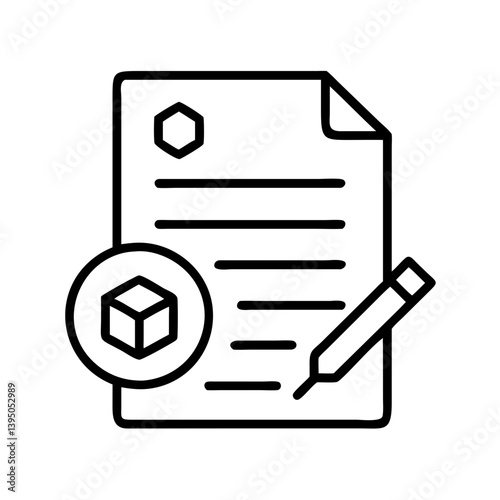 Technical drawing document with pencil and cube icon for engineering design plan