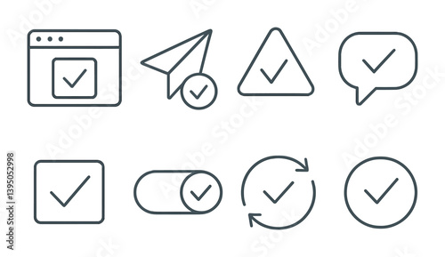 Minimalist linear icons for web and mobile: checkmarks, alerts, and messages