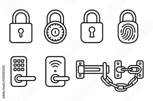 Secure your space: linear icon set featuring locks, keypads, and chains