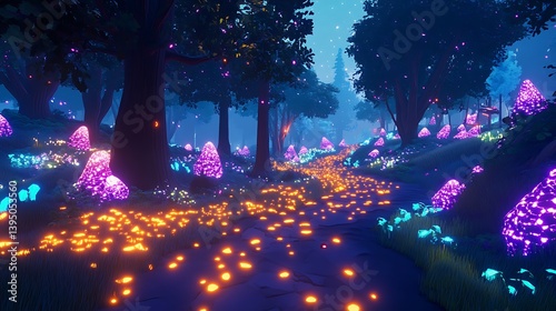 A glowing forest with radiant paths and vibrant glowing trees 