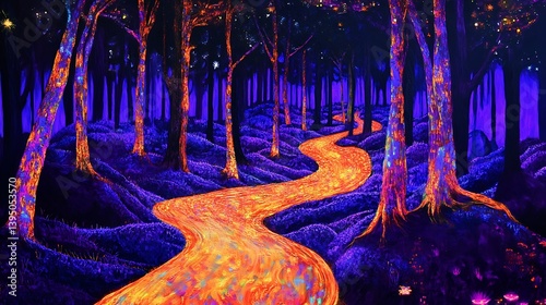 A glowing forest with radiant paths and vibrant glowing trees 