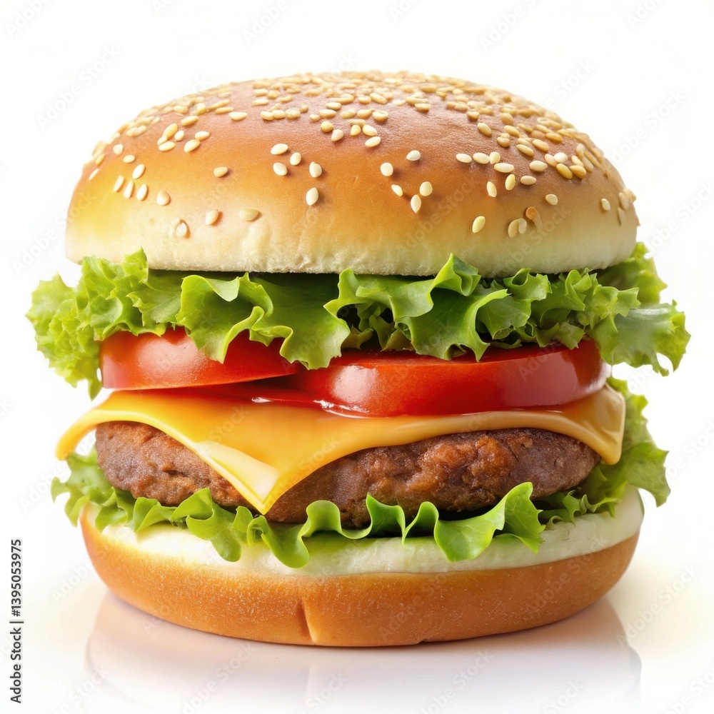 Juicy Cheeseburger Sesame bun melted cheese fresh lettuce tomato beef Juicy Cheeseburger Sesame bun melted cheese fresh lettuce tomato beef