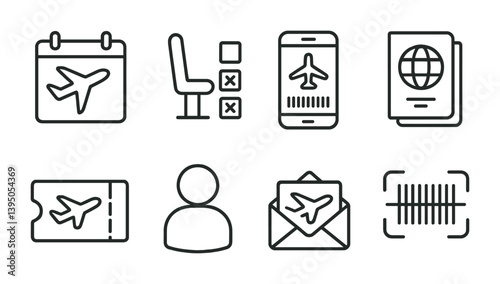 Travel and airline icons set: linear style featuring tickets, passport, and boarding
