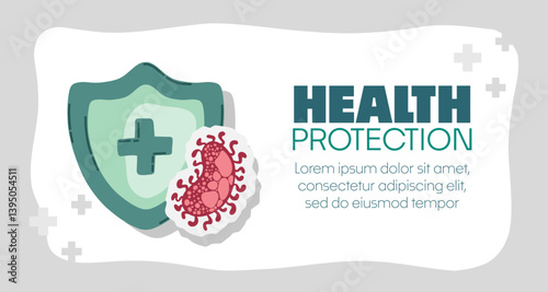 Guard shield attacked by virus, germs and bacteria. Immune system and virus protection concept with Health Protection text. Immunity hygienic medical prevention