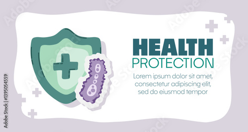 Guard shield attacked by virus, germs and bacteria. Immune system and virus protection concept with Health Protection text. Immunity hygienic medical prevention