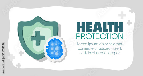 Guard shield attacked by virus, germs and bacteria. Immune system and virus protection concept with Health Protection text. Immunity hygienic medical prevention