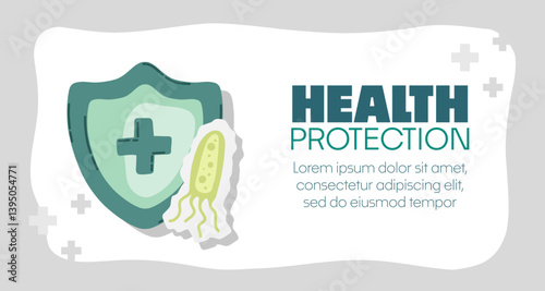 Guard shield attacked by virus, germs and bacteria. Immune system and virus protection concept with Health Protection text. Immunity hygienic medical prevention